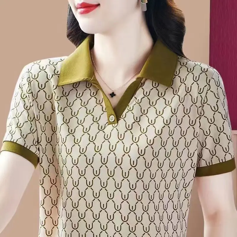 한국어 패션 여성 의류 폴로 셔츠 티셔츠 여름 새 인쇄 짧은 소매 다목적 캐주얼 빅 사이즈 루즈 풀오버 탑