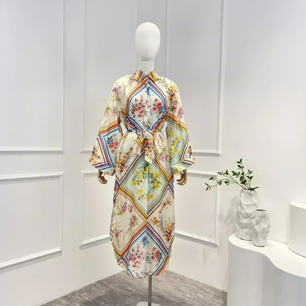 

Latest New 2023 Multi-color Floral Printing Spring Summer Vintage High Quality Long Sleeve Lace-up Woman Casual Midi Dress