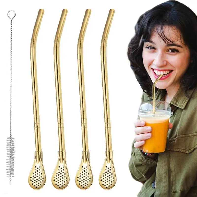 

Coffee Filter Straw 4pcs Stainless Steel Straw Filter Spoon With Cleaning Brush Straws Stirring Spoon For Smoothie Milkshake