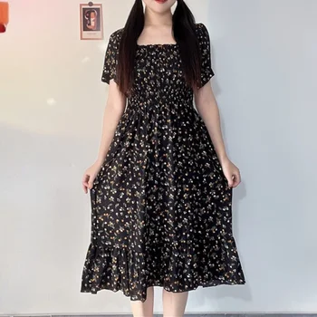 Spring Summer Elastic Waist Short Sleeve Chiffon Dress Women Casual Dresses Female Printed Floral Midi A-Line Dresses Vestidos