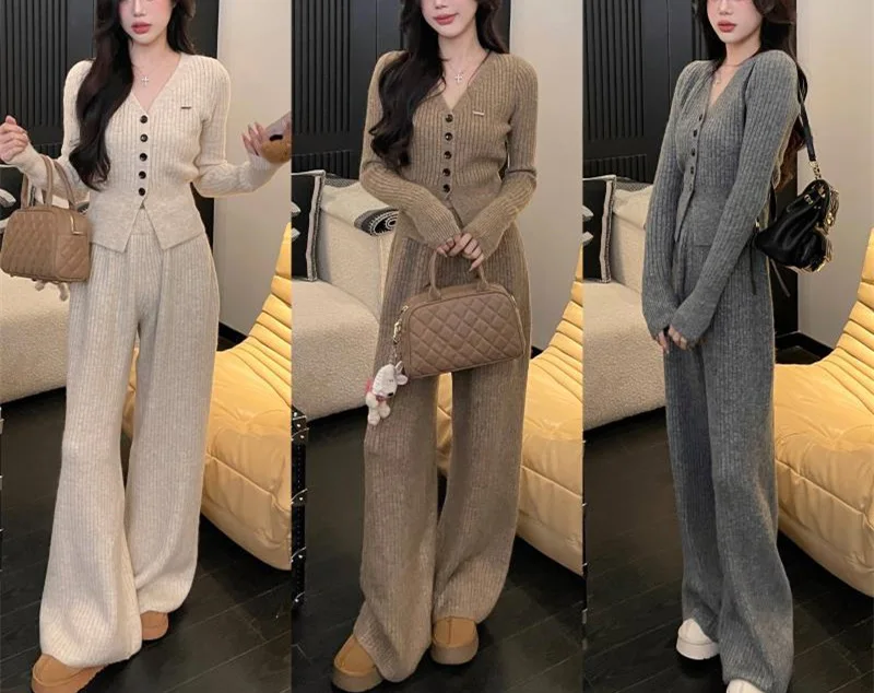Korean Style Women's Knitted Cardigan Top+pants Set 2024 Spring New V-neck Cardigan+loose Wide Leg Pants Two-piece Set Y2k