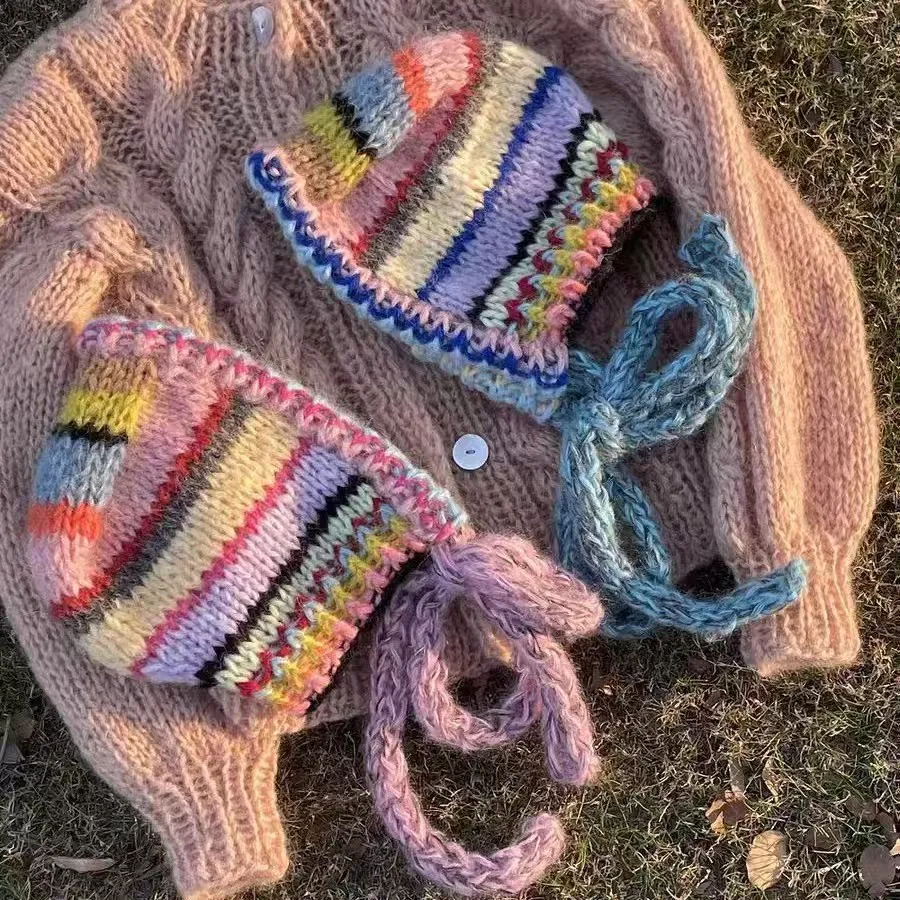 New Color Striped Ear Protector Balaclava Hat Winter Hand Crocheted Contrast Color Neck Tie Pullover Bean Cap for Women's 4