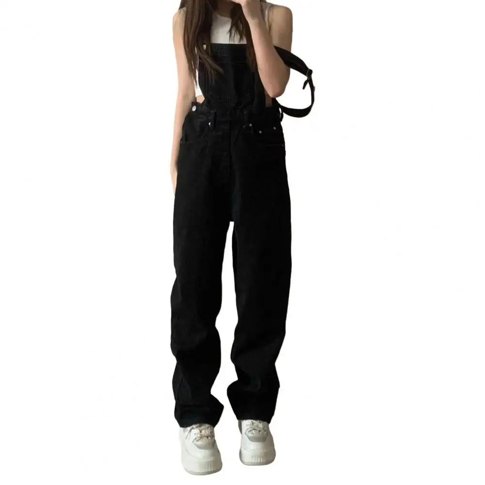 Stretchy Jumpsuit Vintage Jumpsuit Loose Fit High Waist Straight Wide Leg Preppy Style Overalls with Pockets for Women Fall