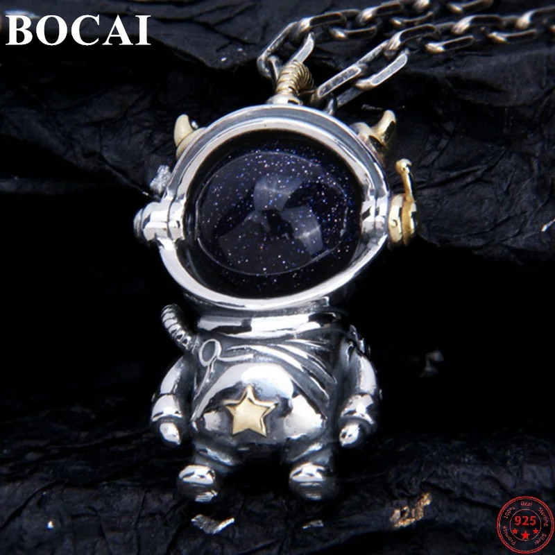 

BOCAI S925 Sterling Silver Charm Pendant Blue Sandstone Astronauts Starry Sky Argentum Fashion Christmas Jewelry for Men Women