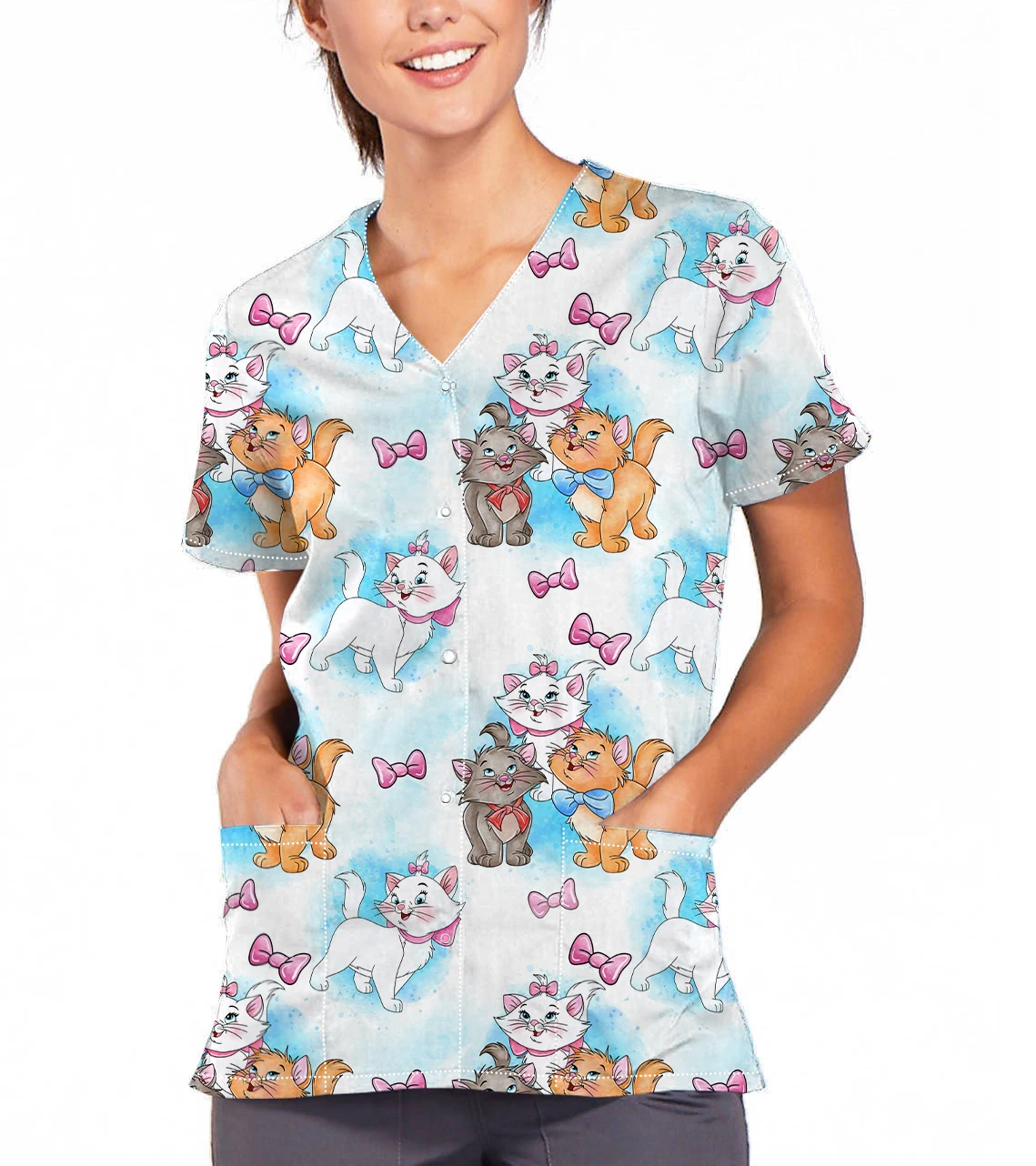 

Disney new summer women's nurse uniform short-sleeved printed Mary Cat Minnie V-neck jacket top women's nurse uniform