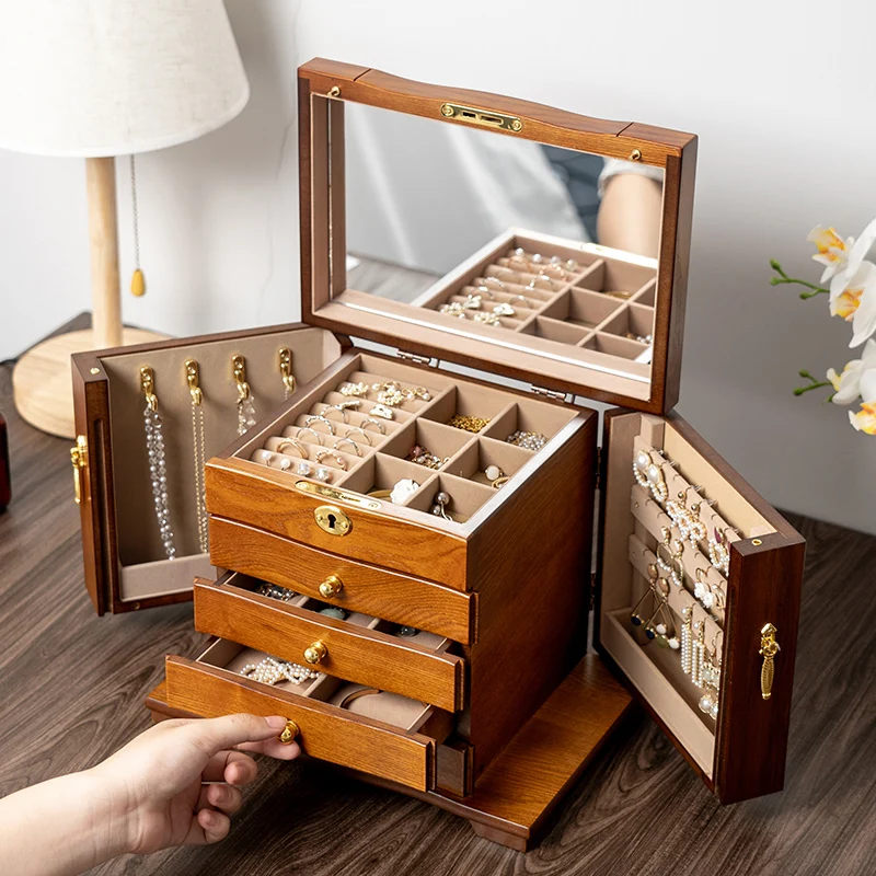 Large Jewelry Box Wood Ring Necklace Earrings Jewelry Boxes Organizer Velvet Drawer Bangles Display Tray Accessories Storage