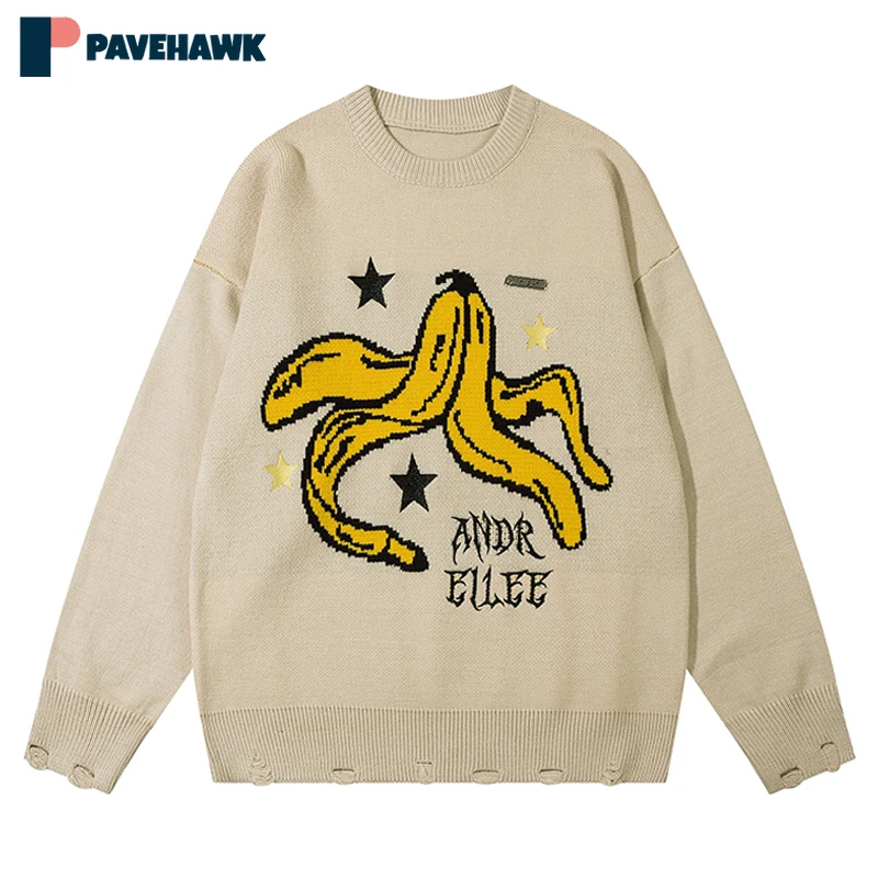 

Autumn Winter Retro Sweater Men Women Banana Round Neck Japanese Loose Oversize Sweaters Gothic Unisex Knitted Tops High Street
