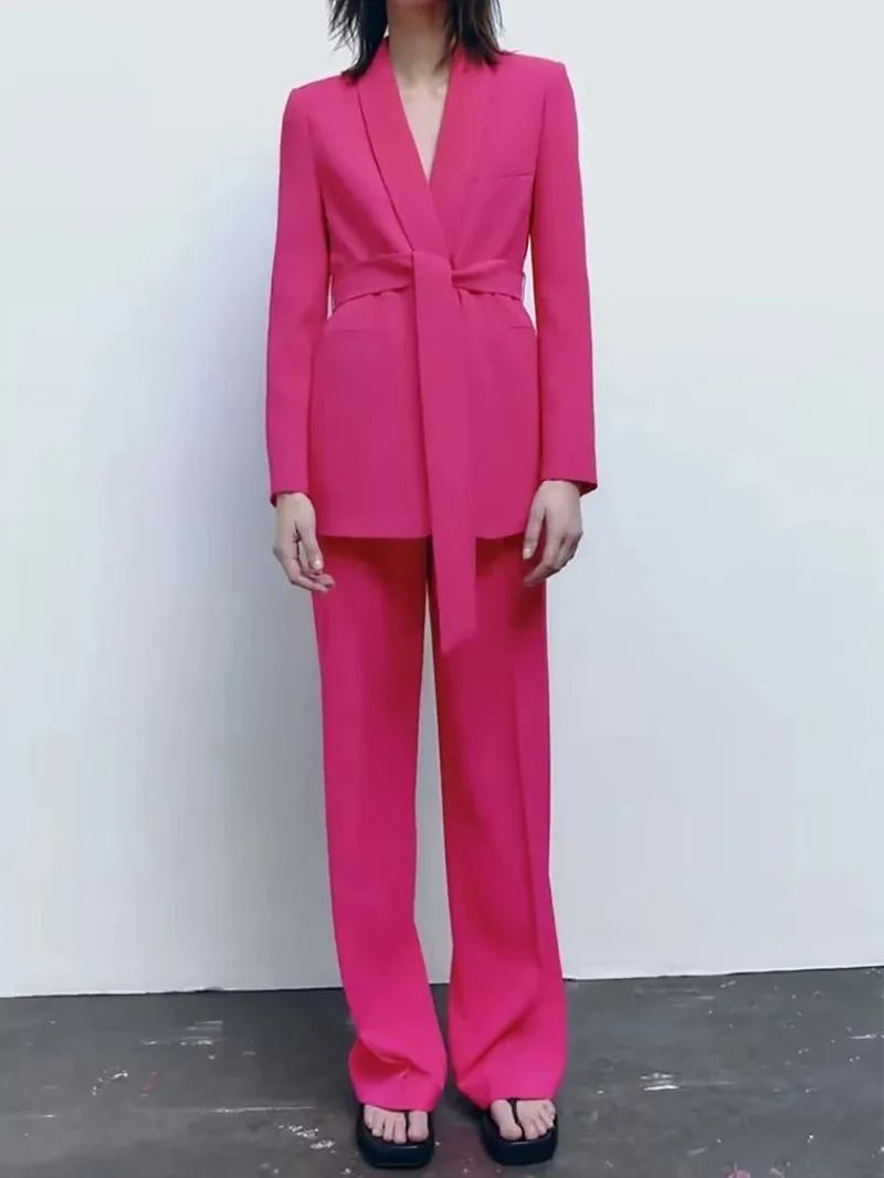 Women's Spring Pants Set 2 Piece Casual Belt Suit Coat+High Waist Pants Women's Elegant Street Two Piece Clothing Set 2023 New