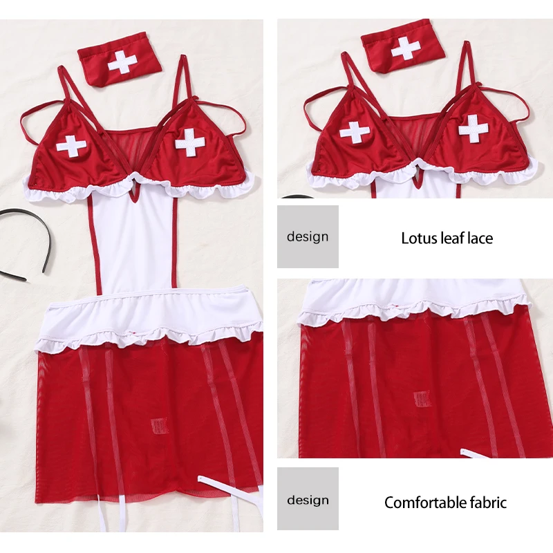 Sexy Nurse Lingerie Costume Cosplay Suit Womens Sexy Underwear Lingerie Costume Red & White G-String Bodysuit