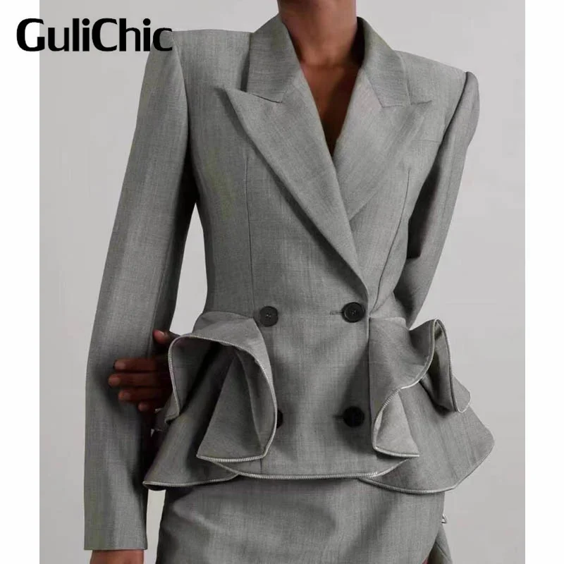 

11.13 GuliChic Women Temperament Gray Skirt Suits Lapel Collar Ruffles Hem Slim Blazer Or Pleated Skirts Office Lady Sets