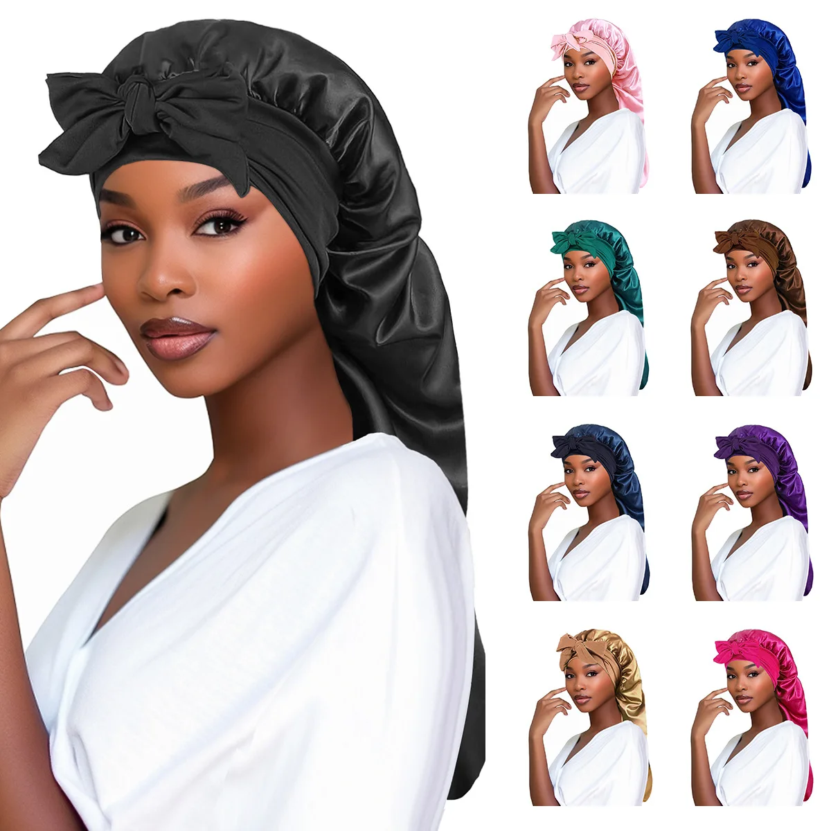 New Women Long Satin Bonnet Sleep Cap Silky Sleeping Cap with Wide Elastic Band Hair Care Curly Hair Natural for night hair cap