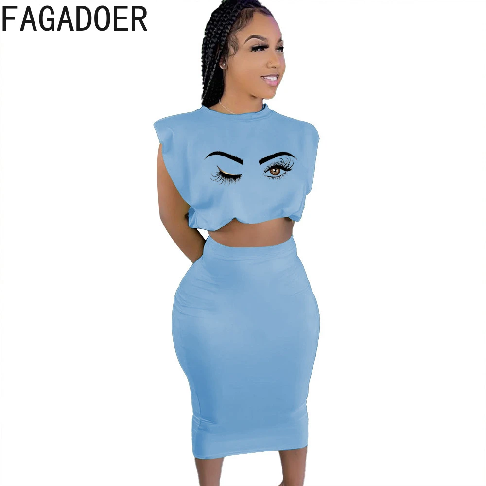 blazer and trouser set FAGADOER Casual Print Skirt Two Piece Sets Women Sleeveless Crop Top + Tight Skirt Outfits Female Sexy Party Clothes Streetwear women's shorts and blazer suit set