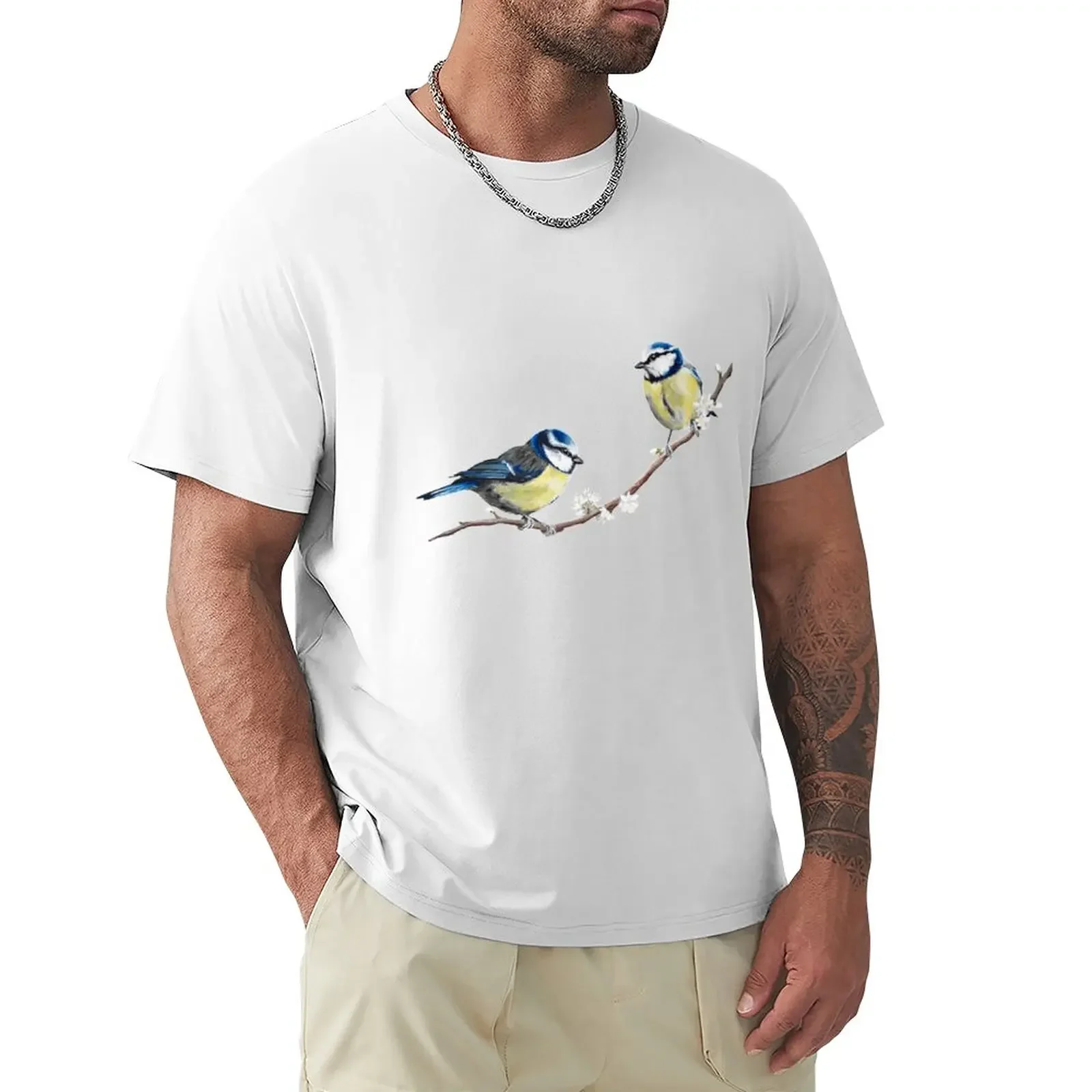 Blue Tette Garden Birds By Julie Jones T-Shirt Heavyweights Blanks Vintage Mens White T-Shirt