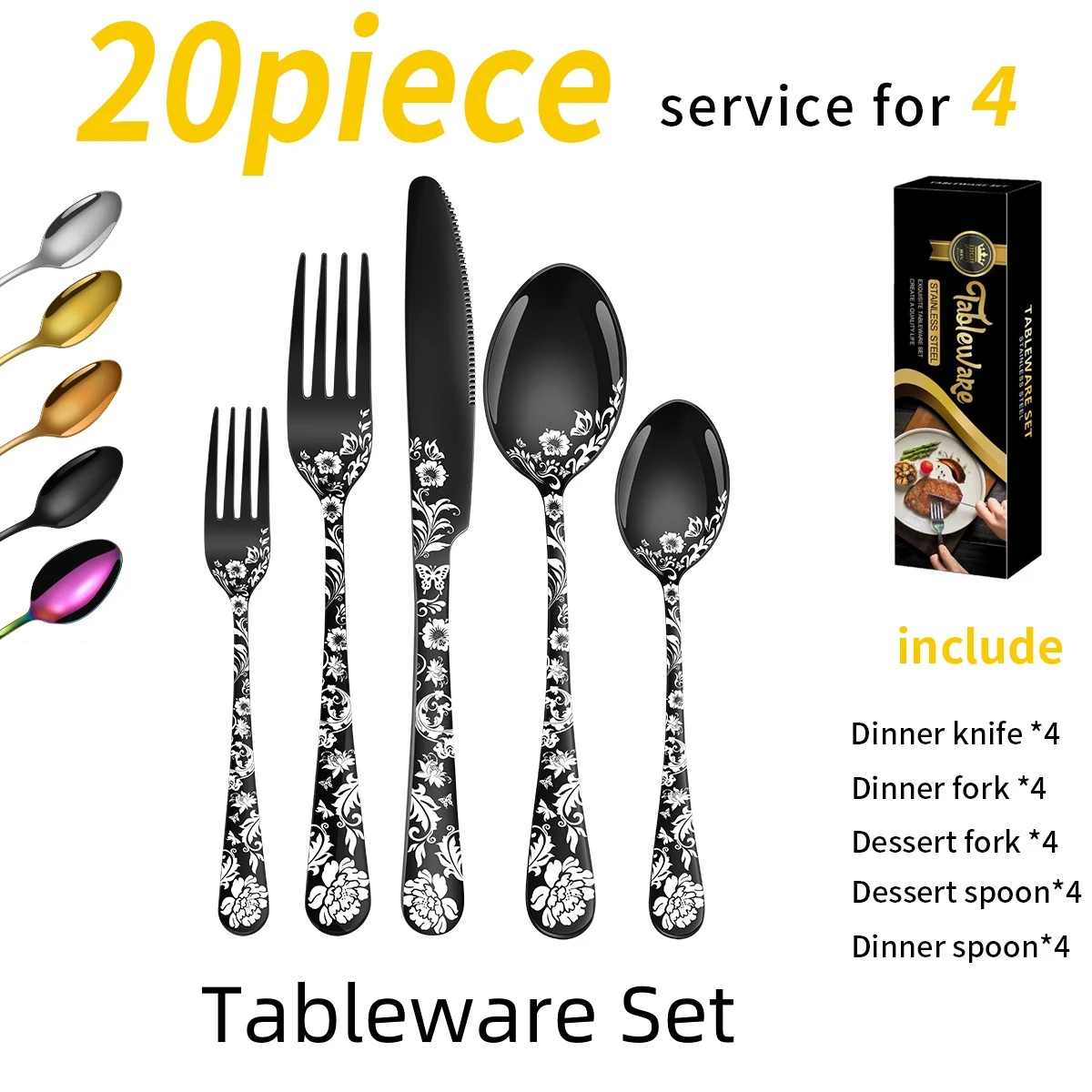 

20Pcs flowers grain Tableware Set hot sale Stainless Steel Knife, Fork And Spoon Tableware Gift Set Kitchen Supplies Set