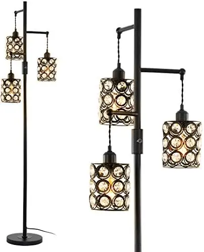 

Farmhouse Rustic Lamp with 3 Glass Shades, Tall Standing Lamps with Dimmable Switch, Sturdy Base, Black Floor Lamps for Living R