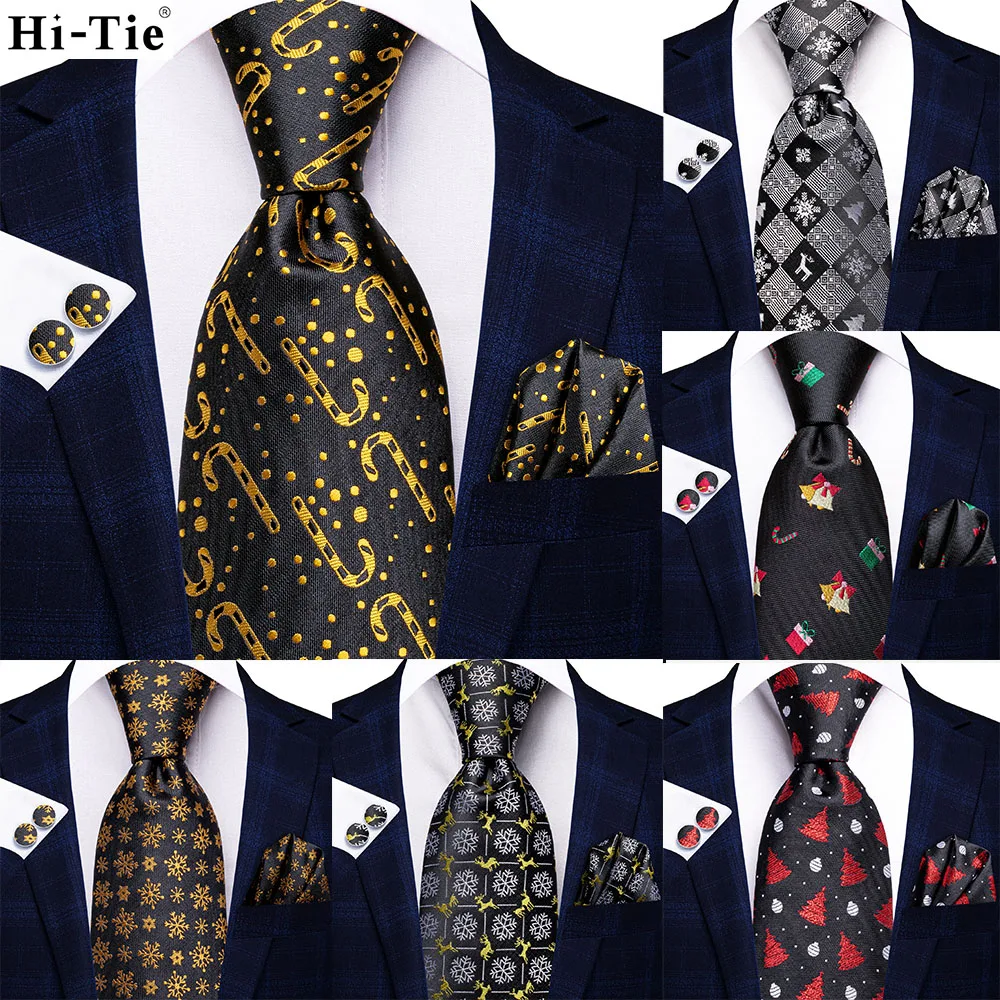 

Hi-Tie Design New Silk Christmas Tie For Men Black Gold Novelty Gift Mens Necktie Handky Cufflink Set Fashion Party Dropshiping