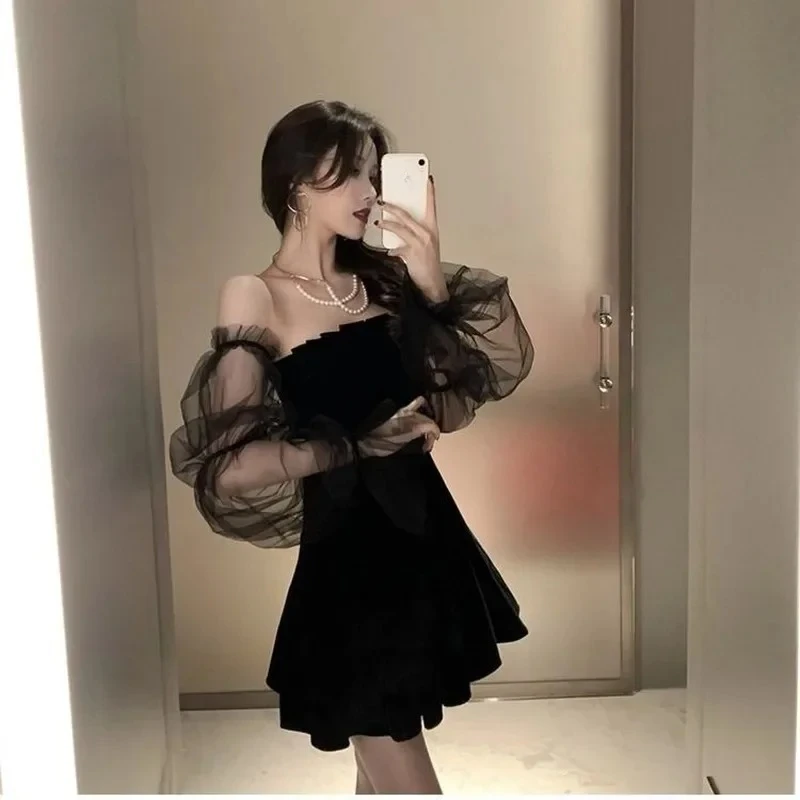Neue 2025, Schwarz Retro Kleid Frauen Spitze Chiffon Mini Kleid Weibliche High Street Sexy Koreanische Mode Frauen Club Kleid