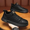 Men's High Top Casual Shoes Spring Autumn New Style Black Soft Bottom Heightening Trendy Leather Shoes Comfortable Rubber Sole