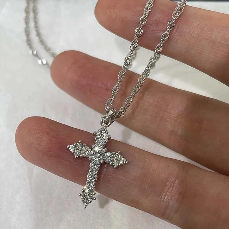 Shiny Crystal Zircon Cross Pendant Necklace for Women