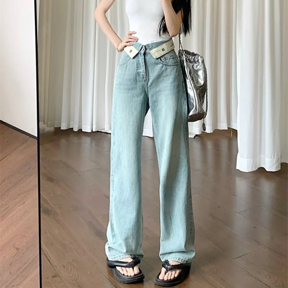 

Blue Women's Jeans with Pockets Letter Straight Leg Pants for Woman High Waist Shot Pattern Trousers Graphic Print Size X Larg A