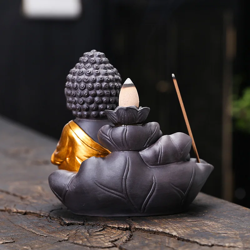 Ceramic Little Monk Smoke Backflow Burner Incense Stick Holder Maitreya Buddha Statue Porcelain Waterfall Censer Home Decor