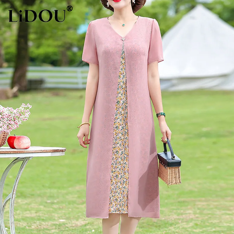 

Summer New Elegant V-neck Short Sleeve Fake Two Pieces A-line Dresses Women Fashion Printing Loose Casual All-match Midi Dress