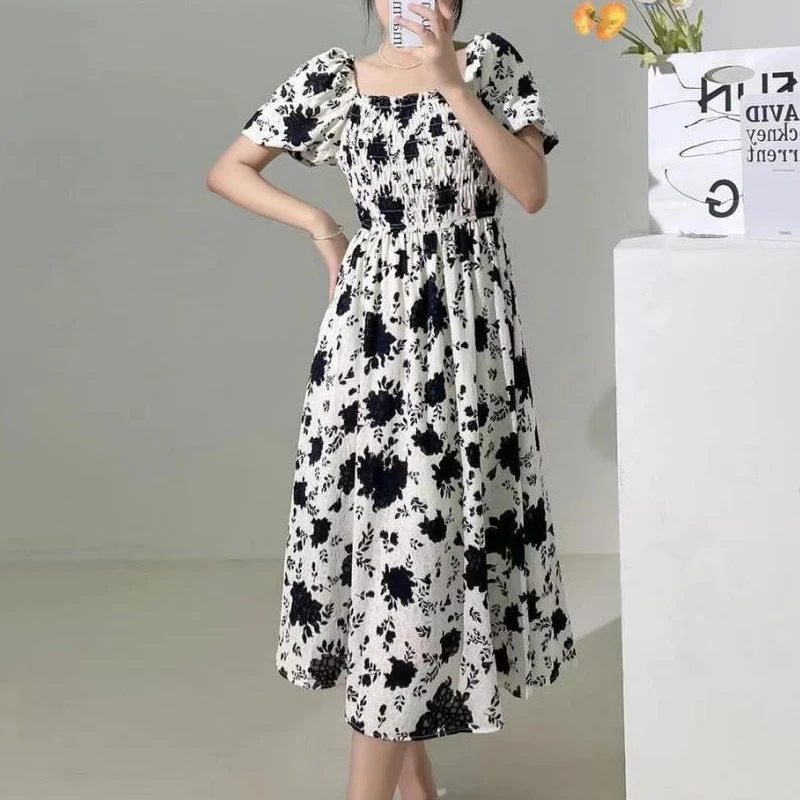 

New Elastic Waist Short Sleeve Fairy Dress for Women 2023 Summer V-Neck Chiffon Long Dress Casual Print Party Dress Robe 27249