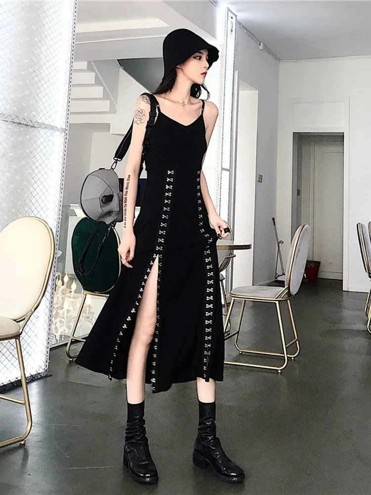 Long Sexy Split Dresses Gothic Style Black Punk Women Spaghetti Strap Robe Female Punk Dress Harajuku Streetwear Vestido
