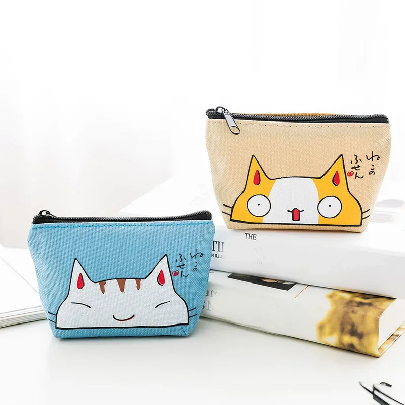 Monedero con estampado de gato de dibujos animados para mujer, Mini billetera Oxford con tarjetero, monedero con cremallera, bolsa de almacenamiento, monedero Kawaii para niñas