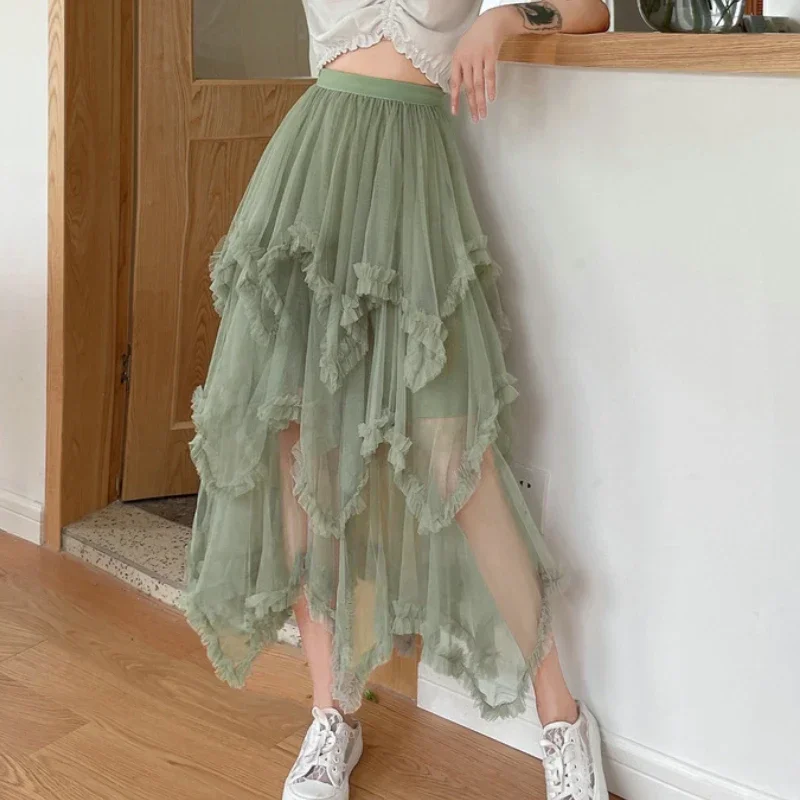 

Irregular Mesh Gauze Cakee Long Skirt Sweet Fungus Swing Puffy Fairy A-line Calf Long Tulle Skirt