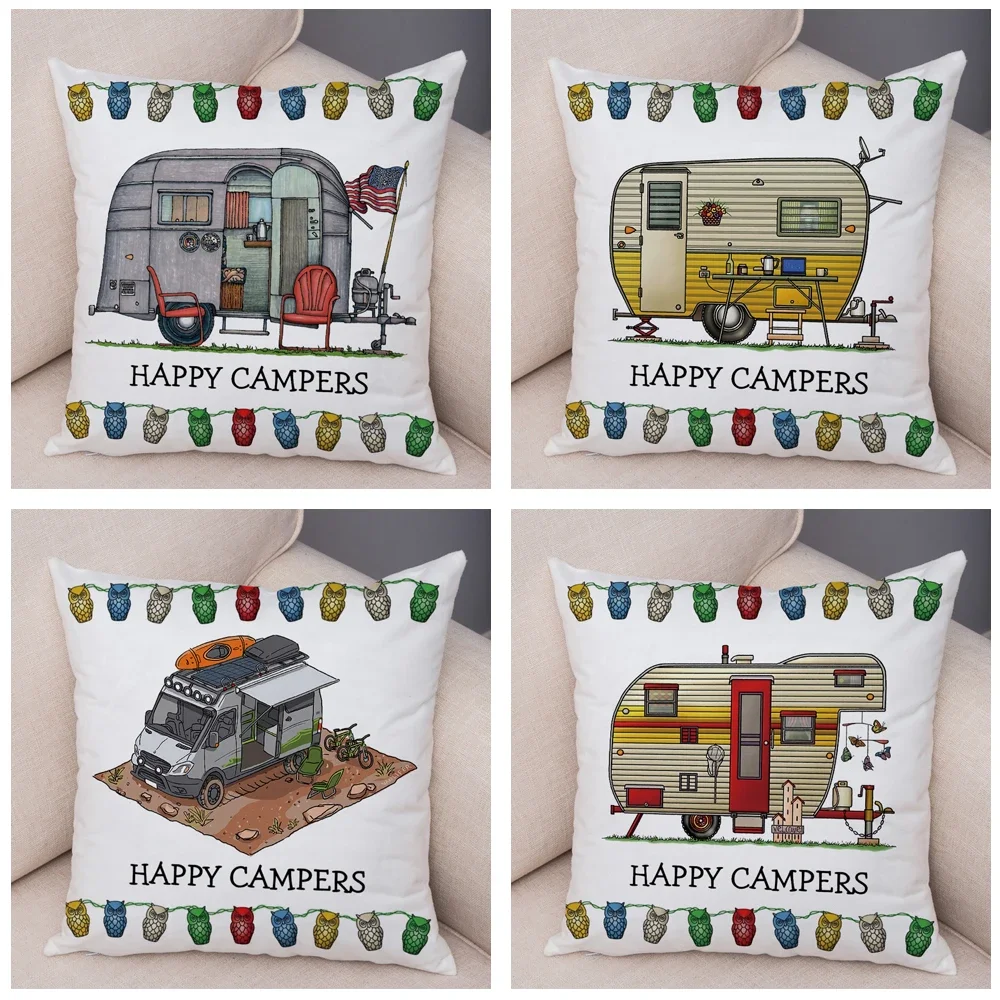 Description Picture 5 of itemBoth Sides Cartoon House Travel Car Cushion Cover Pillow Case Decor Happy Camper Van Life Soft Plush Pillowcase for Sofa Home