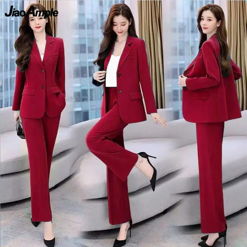 

Women's Autumn Casual Suit Jacket Matching Set 2023 New Loose Blazers+ Wide Leg Pants Two Piece Female Chic Professional Wear