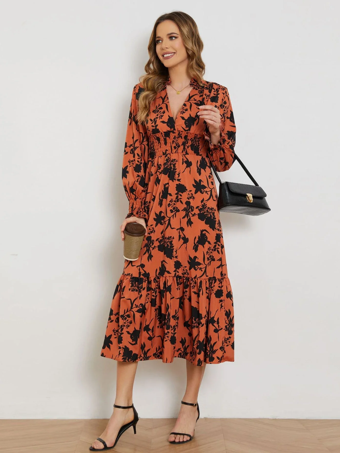 Vestido 원피스 V넥 긴 소매 꽃 원피스, 우아한 하이웨이스트 프록, 얇은 여성 의류, 여름 의상, Tienda Traf