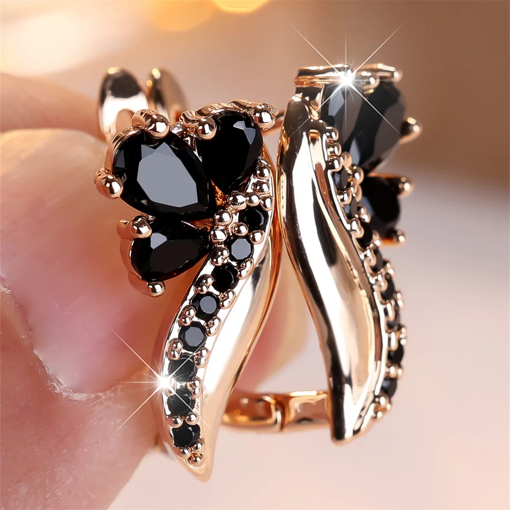 Antique Black Crystal Water Drop Stone Hoop Earrings For Women Vintage Gold Color Small Flower Ear Buckle Wedding Jewelry Gifts