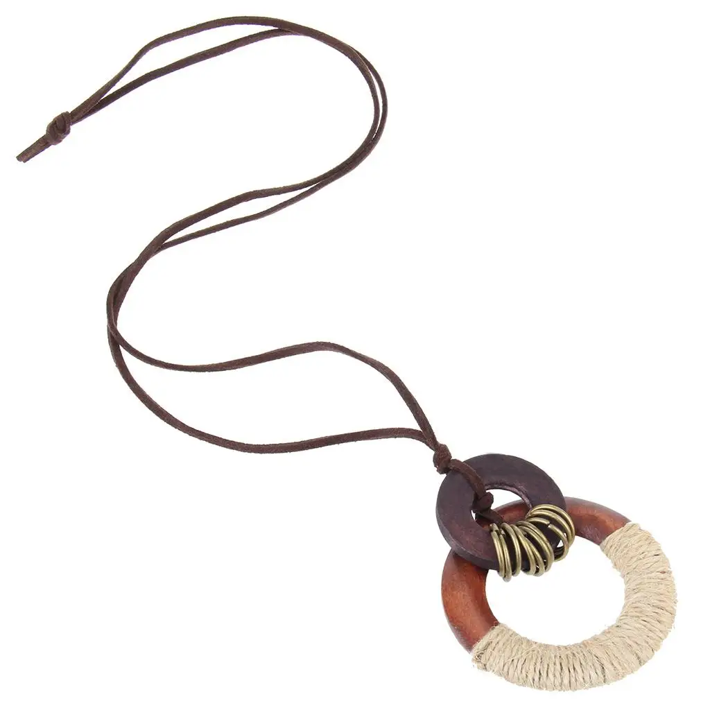 wood of vintage Circle Pendant with Hessian Rope Wrapped Lady Sweater Necklace