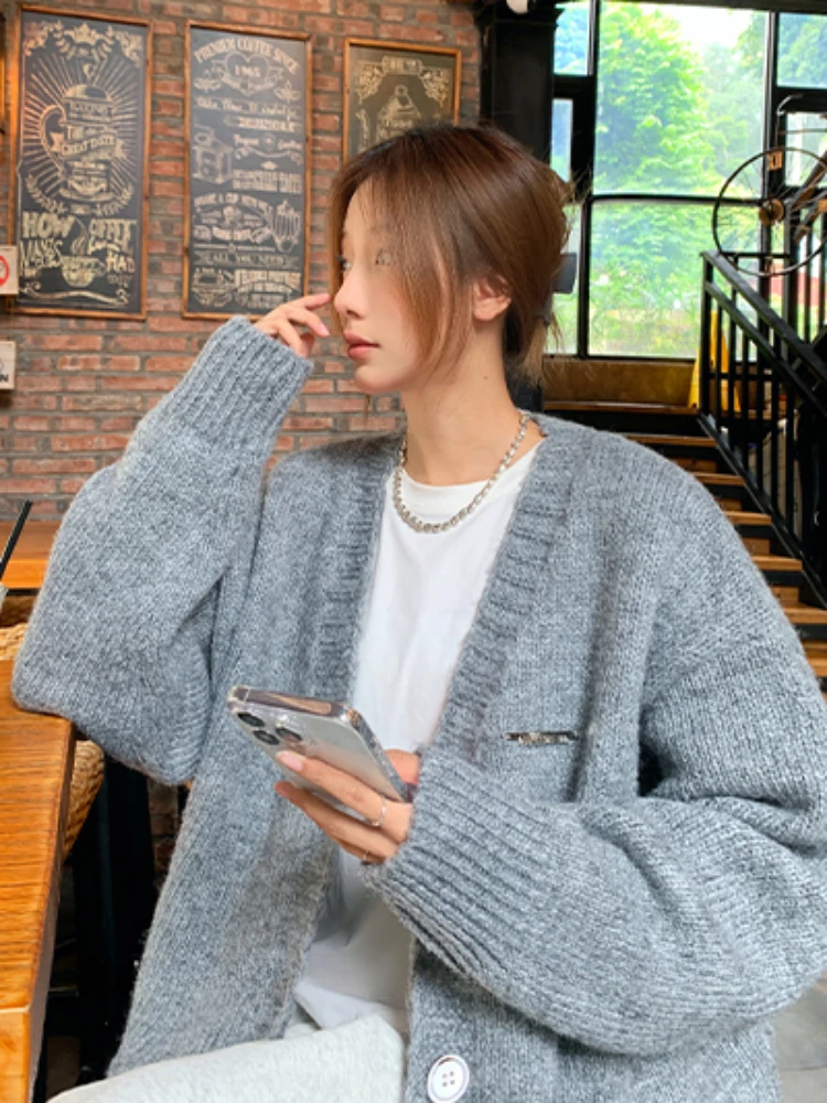 여성용 헐렁한 싱글 브레스트 가디건, 우아한 한국 스타일, 스타일리시 심플 브이넥 뜨게 스웨터, 심미적, 가을