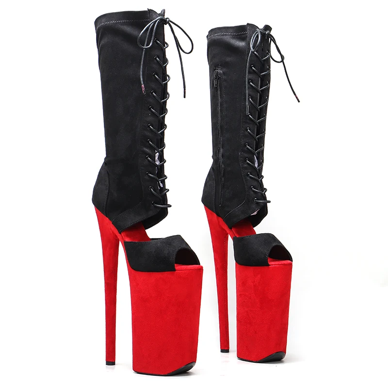 

Leecabe 26CM/10inches black with red suede upper sexy exotic High Heel platform party open toe shoes Pole Dance boot 4B