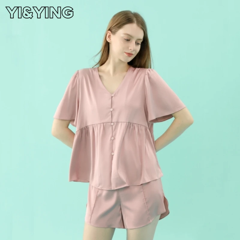 

[YI&YING] 2023 Spring/Summer New Pajamas Women's Short Sleeve Set Simulated Silk Thin Style Comfortable Home Fur YA2C024flesh