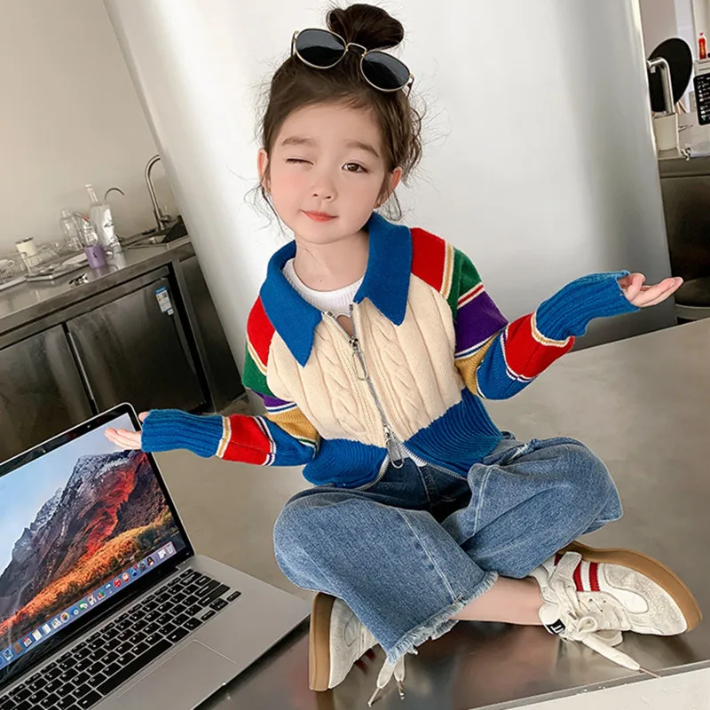 

Fashion Baby Girl Long Sleeved Rainbow Cardign Sweater Coat Spring New Korean Style Children's Knitwear For 2-8Yrs