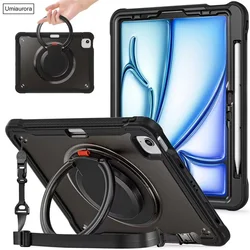 Enhanced Shockproof Tablet Case with Rotating Hand Ring, Shoulder Strap, and Stand - iPad Mini7 8.3 inch (BK Transparent Black)