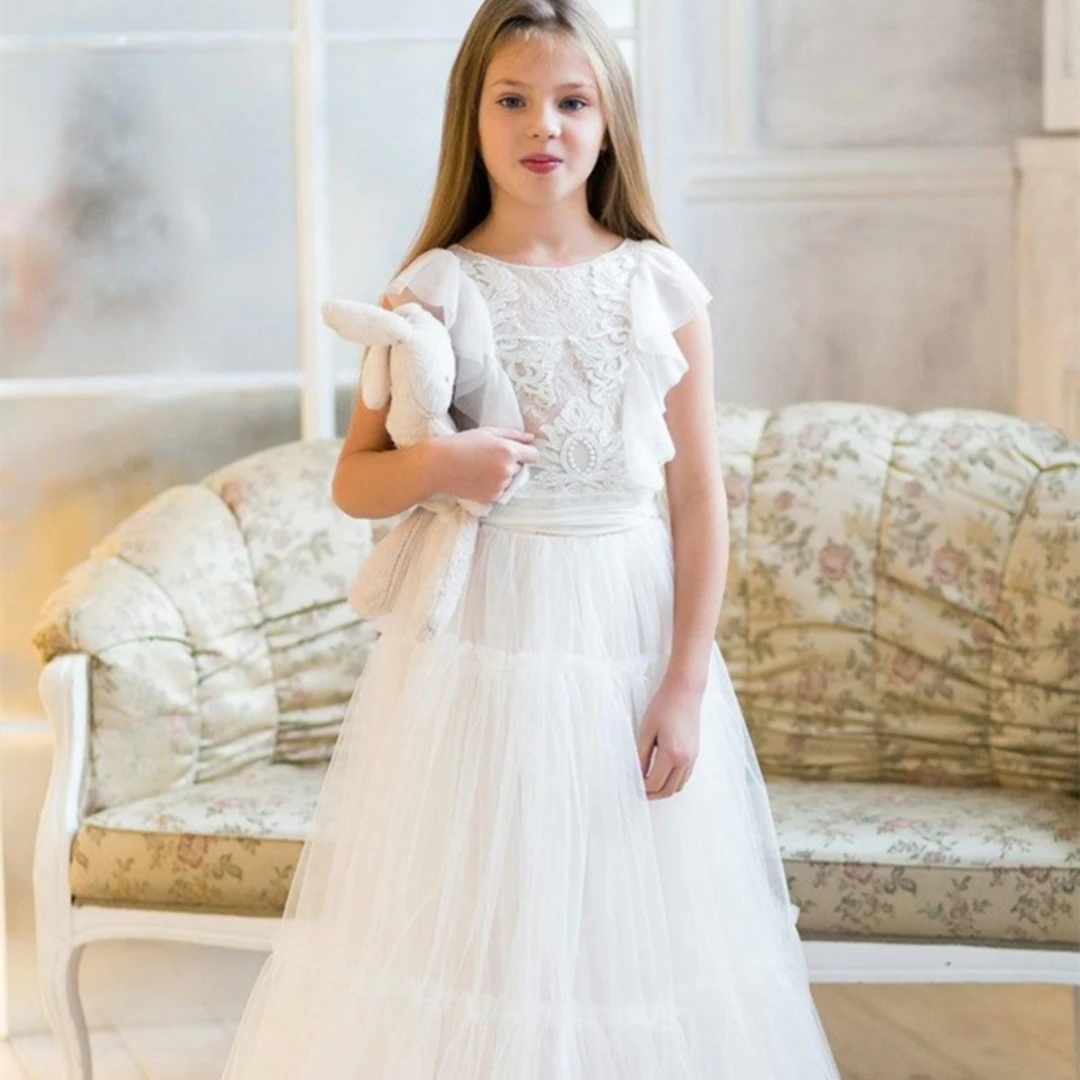 

Flower Girl Dress Luxury Hi-Lo Princess Dress Tulle First Communion Dresses A-Line Tiered Girl Dress Child Birthday Gowns