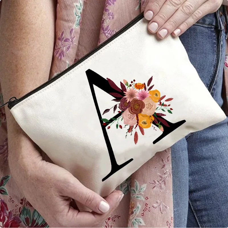 

Initial Print Women Cosmetic Bag Bridesmaid MakeUp Case Beauty Toiletries Organizer Bags Wedding Birthday Christmas Gift for Her
