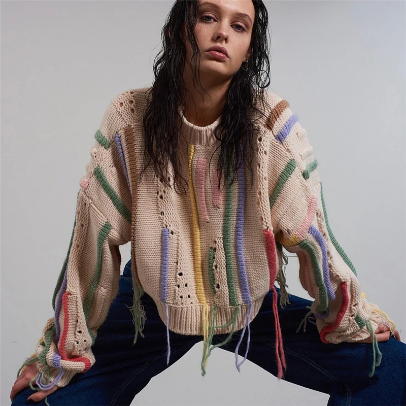 

Cropped Sweaters 2023 Hollow Out Long Sleeve Ladies Pullover Top Chic Fringed Women Casual Sweater Tassel Spring Female Top