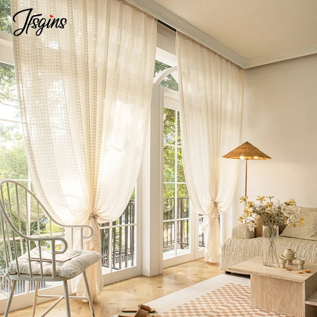 Cortinas de tul de lino Beige para sala de estar, cortinas