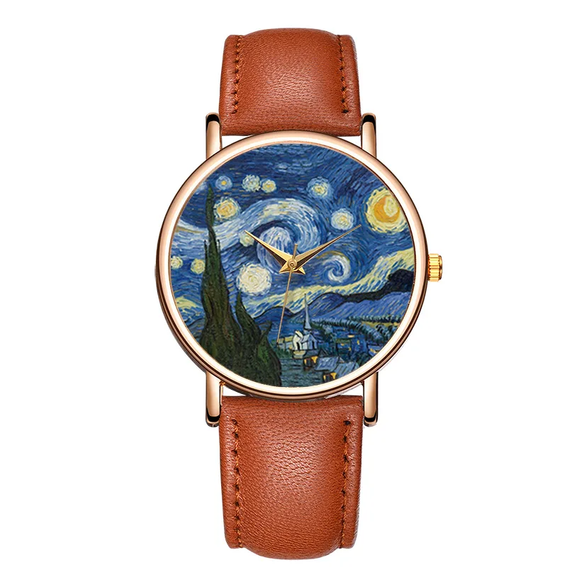 

New Fashion Women Watch Top Brand Van Gogh's Starry Sky Men Watches Leather Strap Quartz Clock Couple Gift Reloj Mujer Hombre