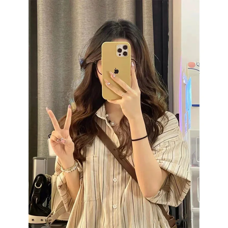 

QWEEK Vintage Striped Women's Blouses New Short Sleeve Japanese Oversized Shirt Preppy Korean Style Retro Harajuku Fashion Trend