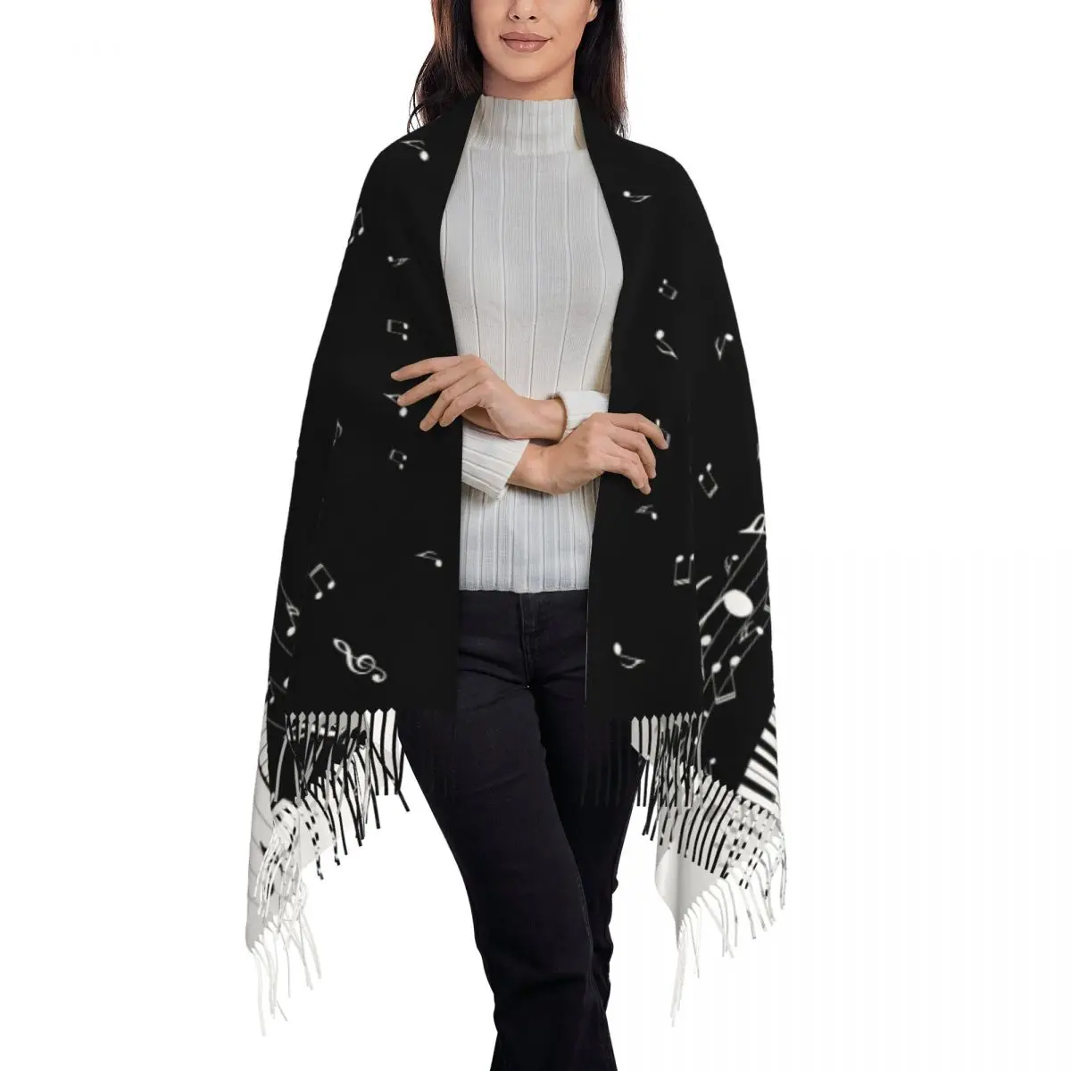 Custom Piano Keyboard Musical Notes Tassel Scarf Women Soft Shawl Wrap Female Winter Scarves 3