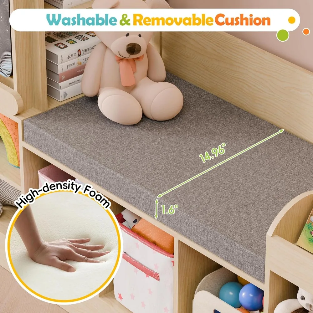 Kids Bookshelf with Reading Nook, Wooden Toy Storage Organizer with Chalkboard and Bench, Kids Reading Nook for Boys & Girls 4