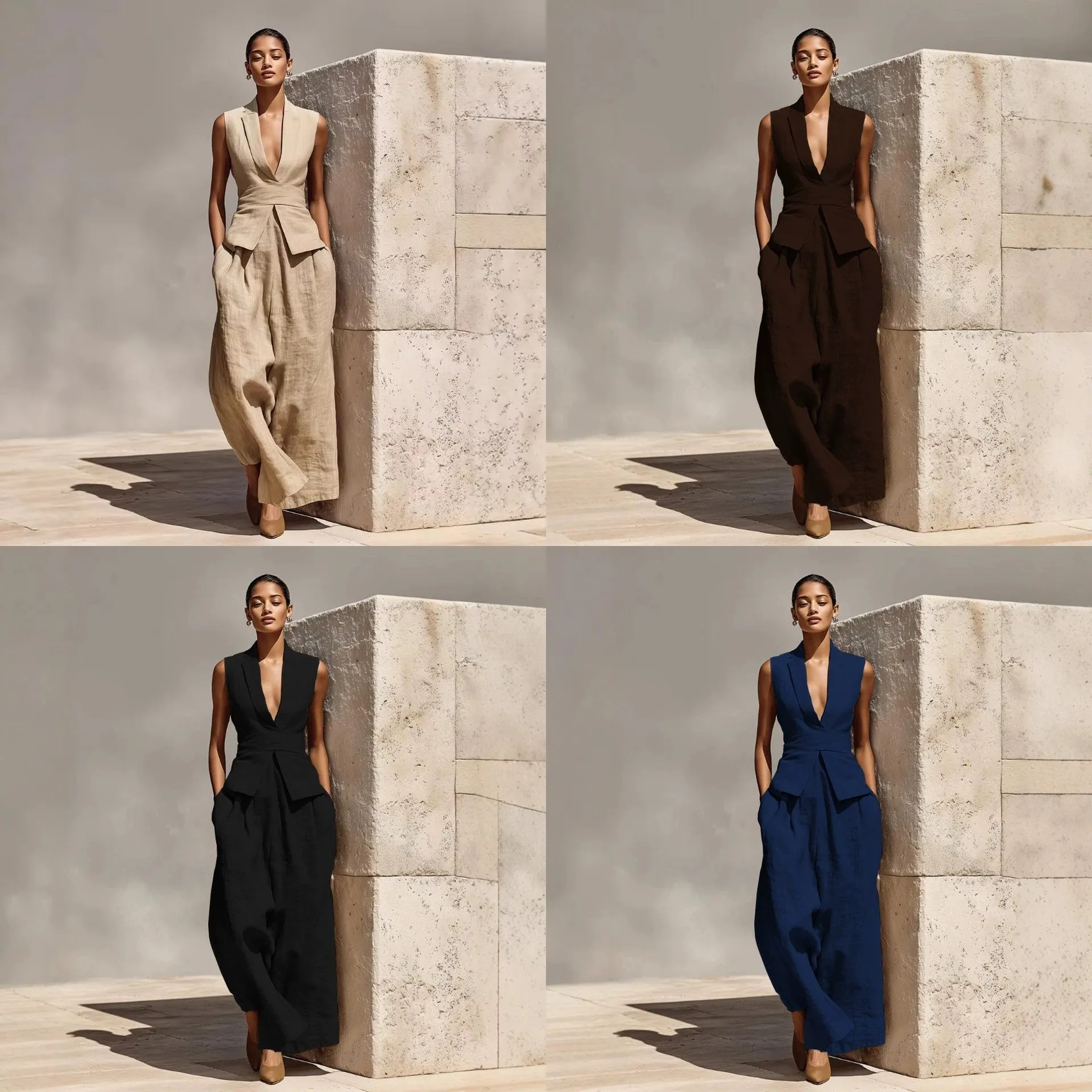 Summer Matching Set Women V Neck Sleeveless Vest Top Long Pants Suit Jumpsuit Playsuit Spring Summer Outfit