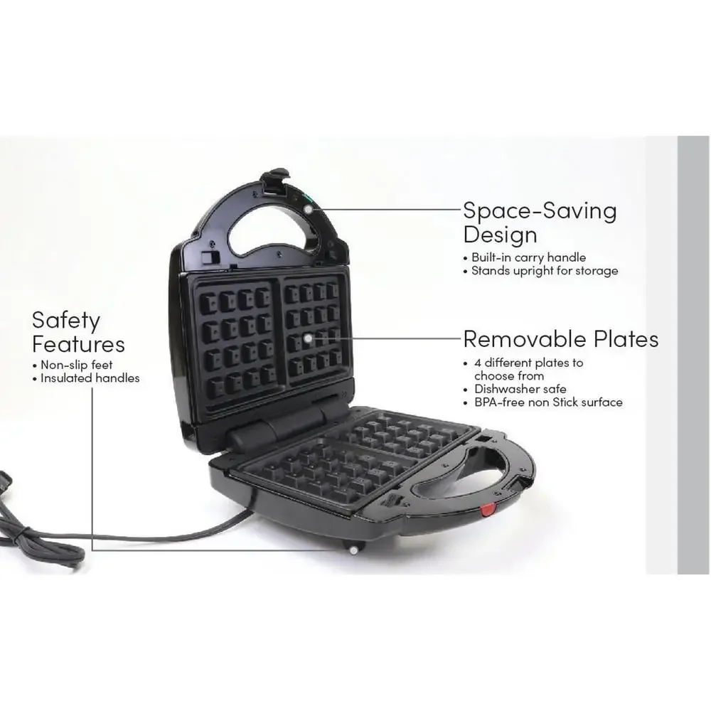 4-in-1 Waffle Maker Indoor Grill Sandwich Maker Panini Press Electric Griddle Toaster Removable Non-Stick Cast Iron Plates 4